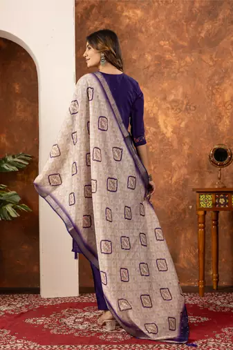 Purple embroidered marina silk kurta set with dupatta