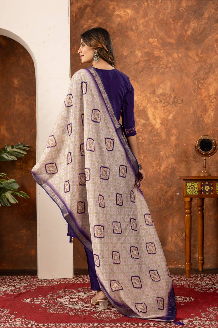 Purple embroidered marina silk kurta set with dupatta