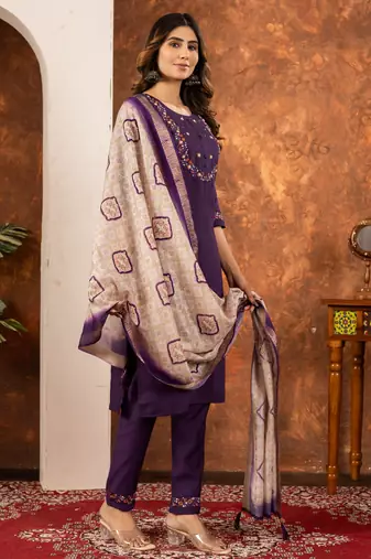 Wine embroidered marina silk kurta set with dupatta