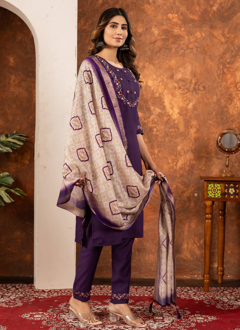 Wine embroidered marina silk kurta set with dupatta