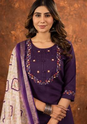 Wine embroidered marina silk kurta set with dupatta 3