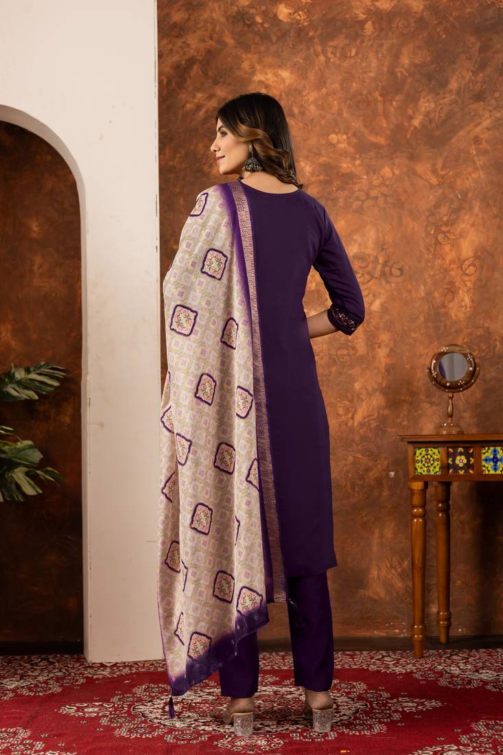 Wine embroidered marina silk kurta set with dupatta