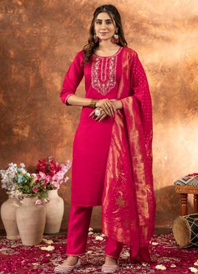 Pink embroidered marina silk kurta set with dupatta 1