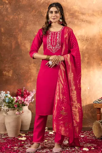 Pink embroidered marina silk kurta set with dupatta