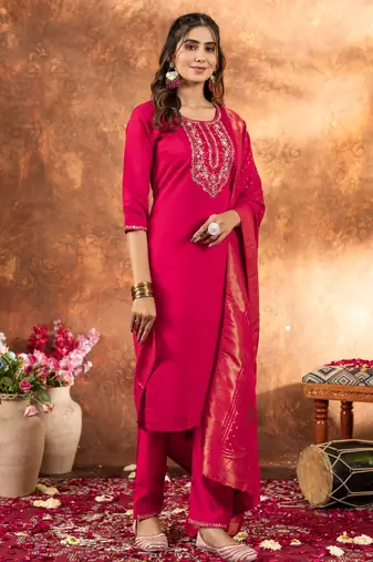 Pink embroidered marina silk kurta set with dupatta