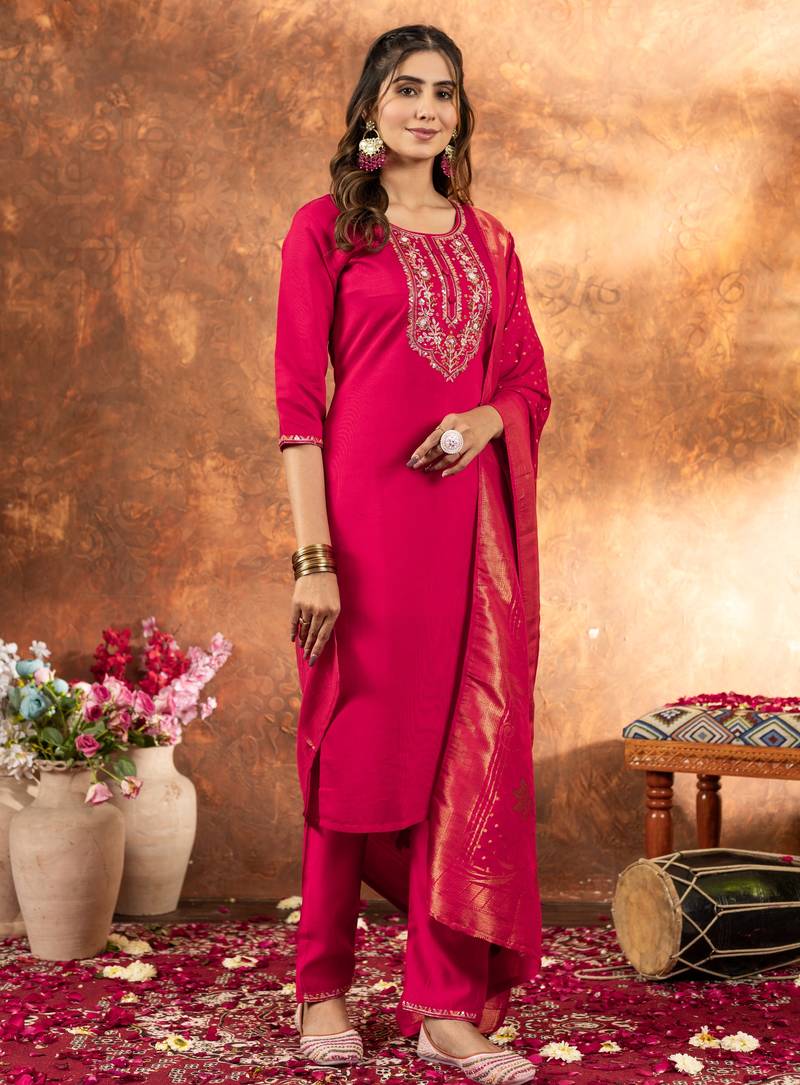 Pink embroidered marina silk kurta set with dupatta