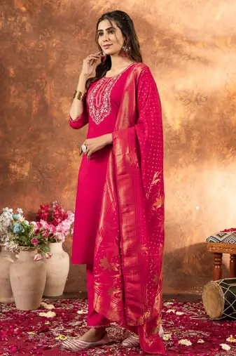 Pink embroidered marina silk kurta set with dupatta
