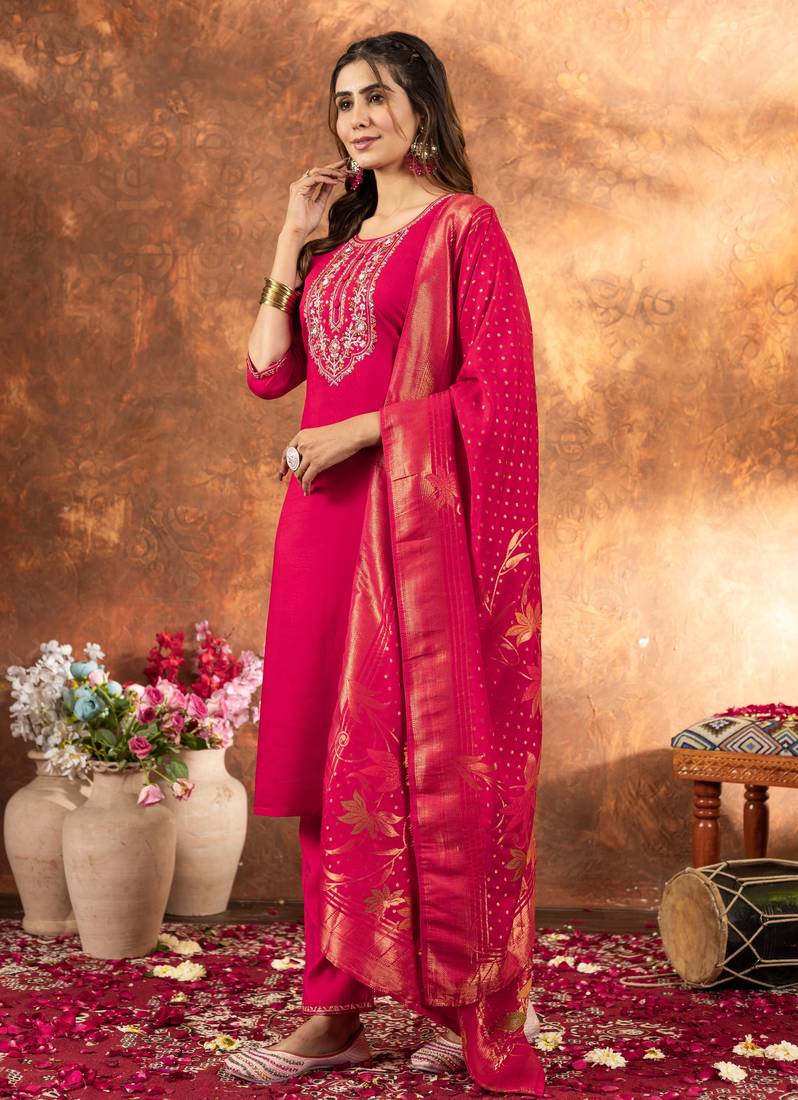Pink embroidered marina silk kurta set with dupatta