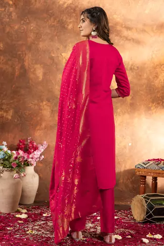 Pink embroidered marina silk kurta set with dupatta