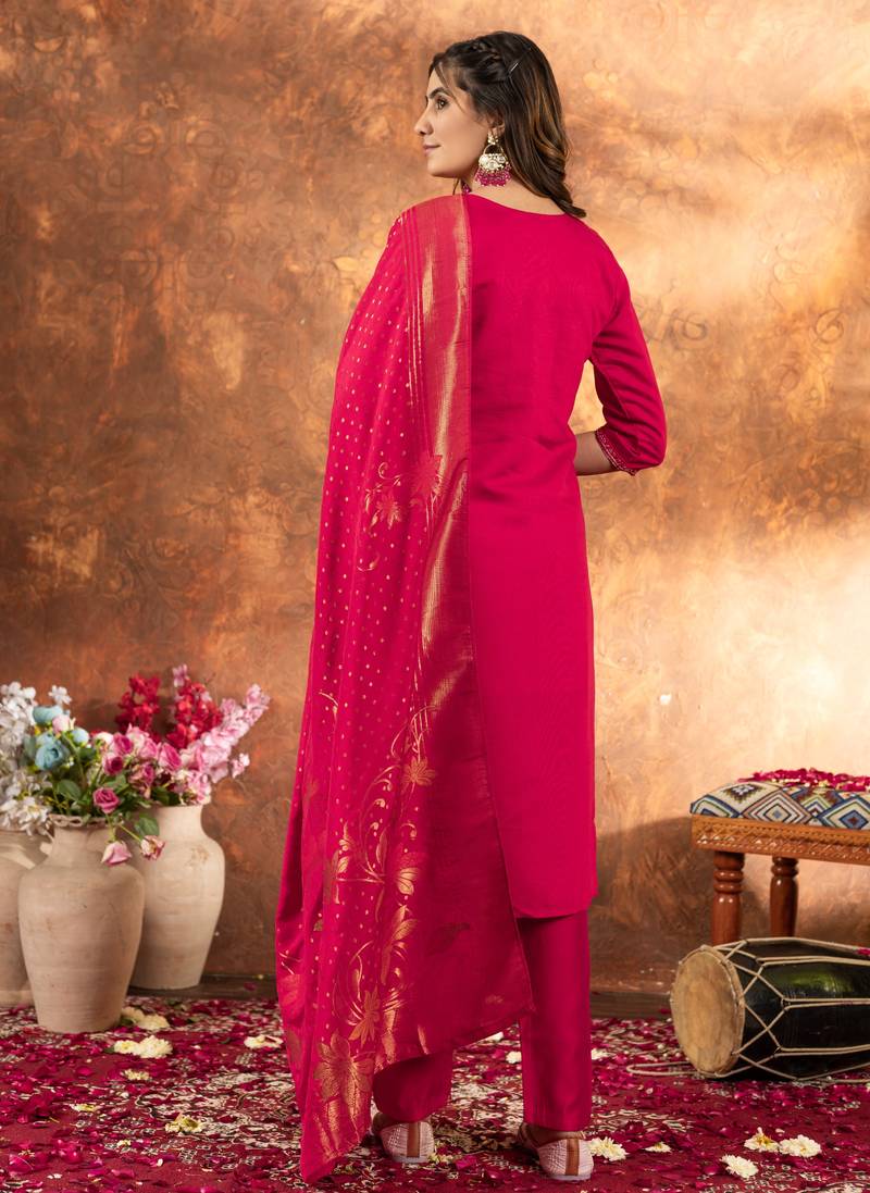 Pink embroidered marina silk kurta set with dupatta