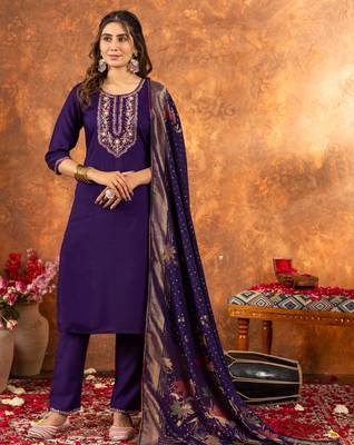 Purple embroidered marina silk kurta set with dupatta 1