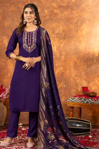 Purple embroidered marina silk kurta set with dupatta