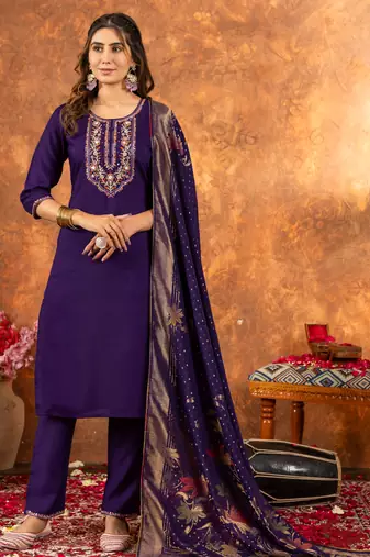 Purple embroidered marina silk kurta set with dupatta