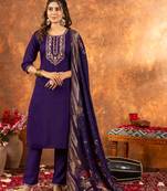Purple embroidered marina silk kurta set with dupatta