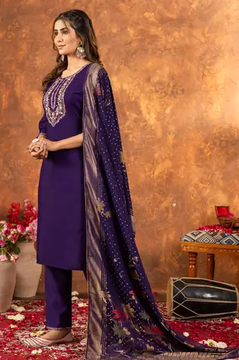 Purple embroidered marina silk kurta set with dupatta