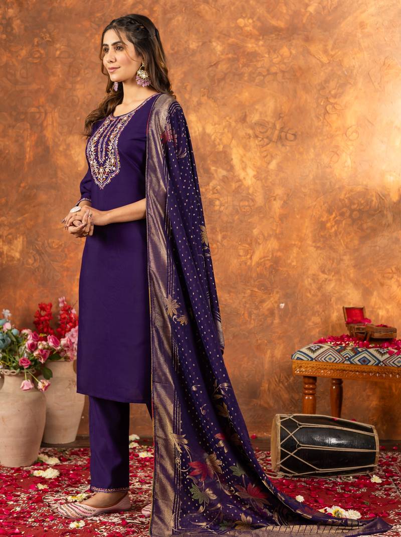 Purple embroidered marina silk kurta set with dupatta