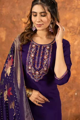Purple embroidered marina silk kurta set with dupatta