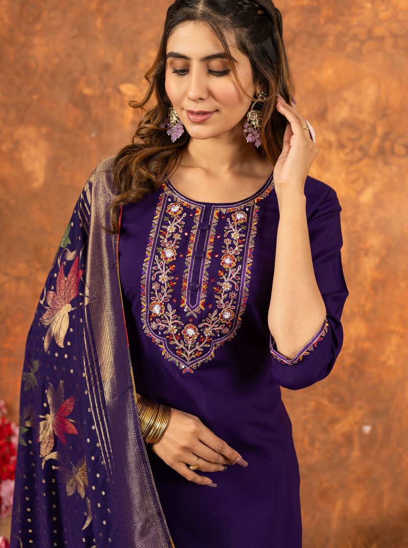 Purple embroidered marina silk kurta set with dupatta