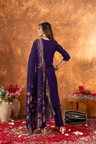 Purple embroidered marina silk kurta set with dupatta