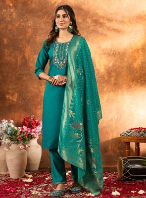 Teal embroidered marina silk kurta set with dupatta 1