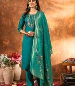 Teal embroidered marina silk kurta set with dupatta