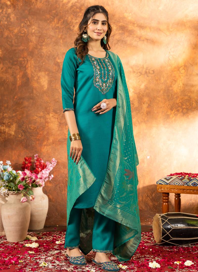 Teal embroidered marina silk kurta set with dupatta