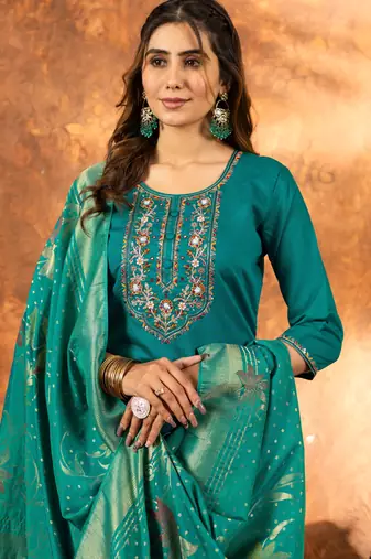 Teal embroidered marina silk kurta set with dupatta