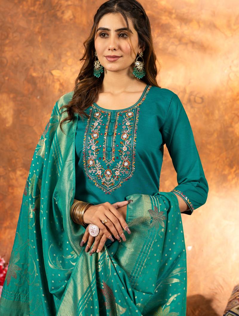 Teal embroidered marina silk kurta set with dupatta