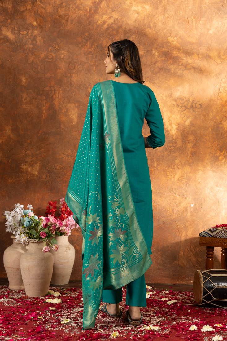 Teal embroidered marina silk kurta set with dupatta