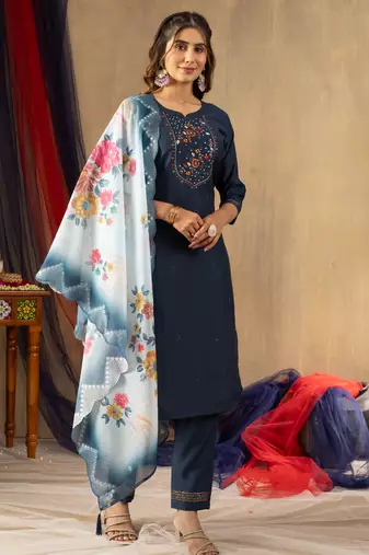 Navy blue embroidered viscose mango silk kurta set with dupatta