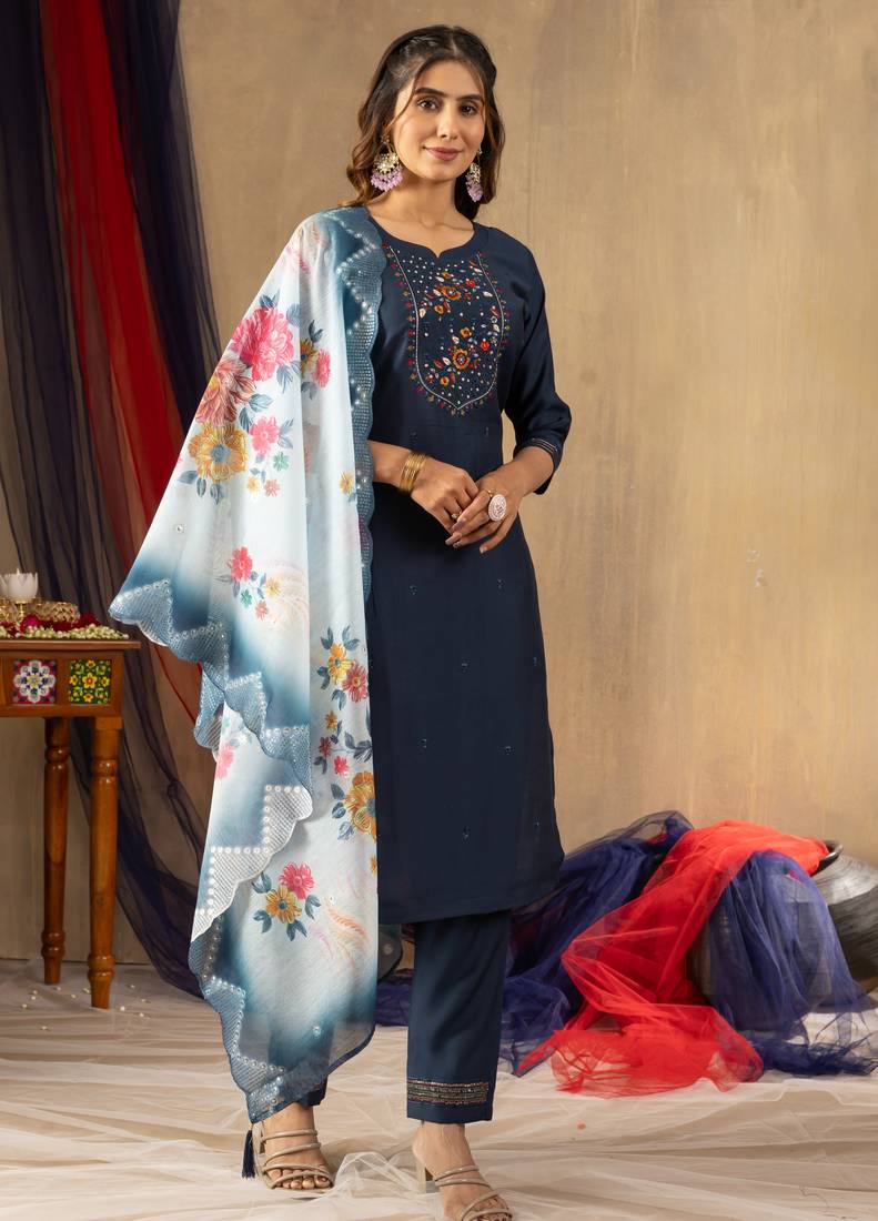 Navy blue embroidered viscose mango silk kurta set with dupatta