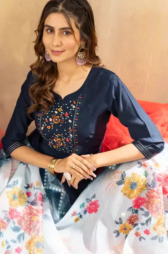 Navy blue embroidered viscose mango silk kurta set with dupatta