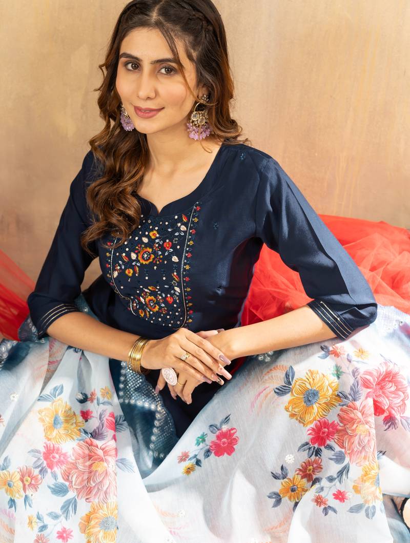 Navy blue embroidered viscose mango silk kurta set with dupatta