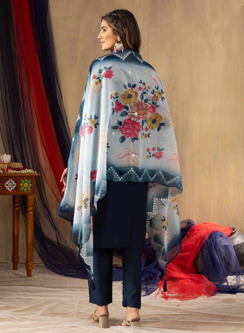 Navy blue embroidered viscose mango silk kurta set with dupatta