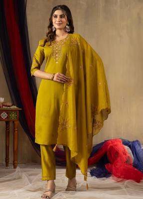 Mustard embroidered roman silk kurta set with dupatta 1