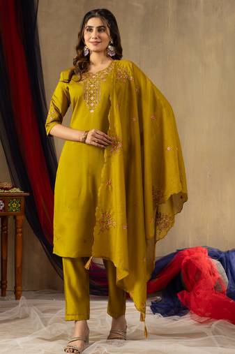 Mustard embroidered roman silk kurta set with dupatta