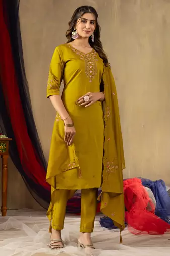 Mustard embroidered roman silk kurta set with dupatta