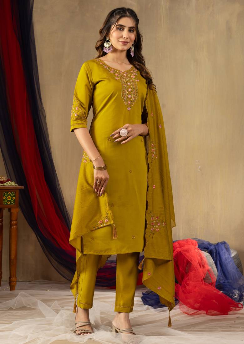 Mustard embroidered roman silk kurta set with dupatta