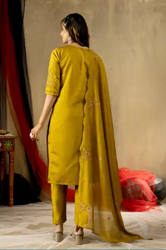 Mustard embroidered roman silk kurta set with dupatta