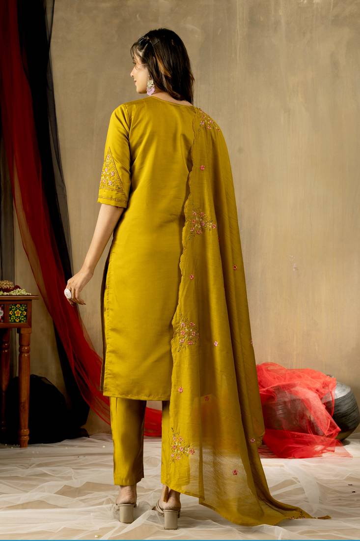 Mustard embroidered roman silk kurta set with dupatta
