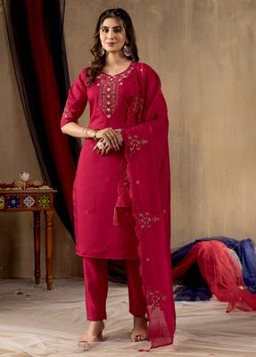 Rani pink embroidered roman silk kurta set with dupatta 1