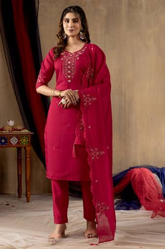 Rani pink embroidered roman silk kurta set with dupatta