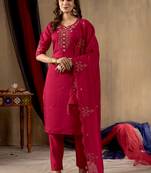 Rani pink embroidered roman silk kurta set with dupatta