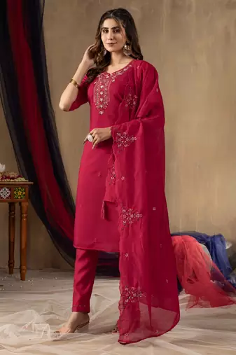 Rani pink embroidered roman silk kurta set with dupatta