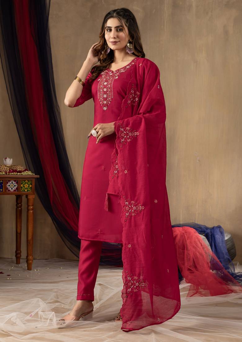Rani pink embroidered roman silk kurta set with dupatta