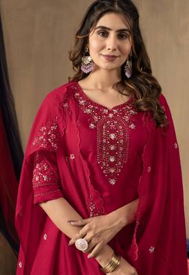 Rani pink embroidered roman silk kurta set with dupatta 3