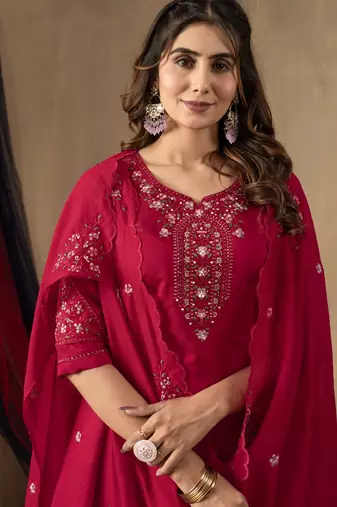 Rani pink embroidered roman silk kurta set with dupatta