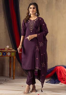 Wine embroidered roman silk kurta set with dupatta 1