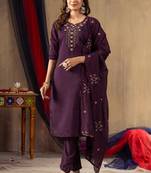 Wine embroidered roman silk kurta set with dupatta