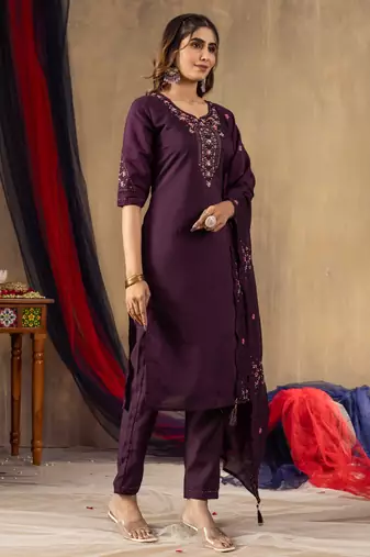 Wine embroidered roman silk kurta set with dupatta